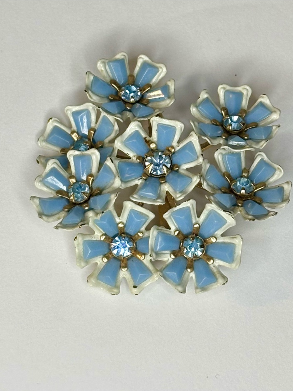 Vintage Blue Enamel Rhinestone Flower Cluster Brooch
